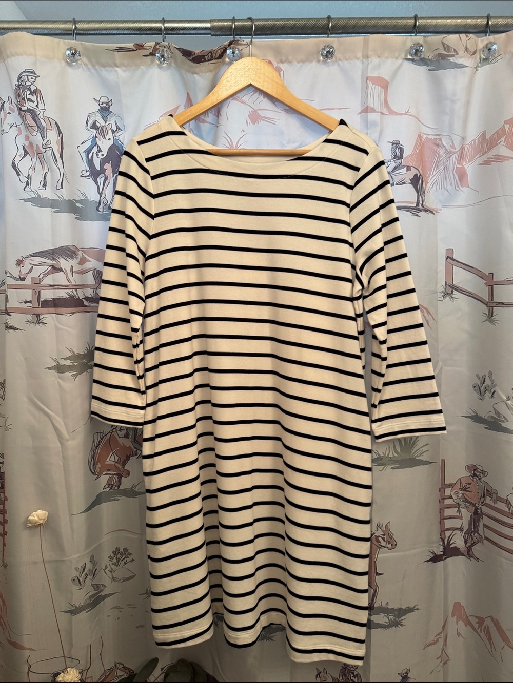 Striped Boatneck Shift Dress - Black & Cream